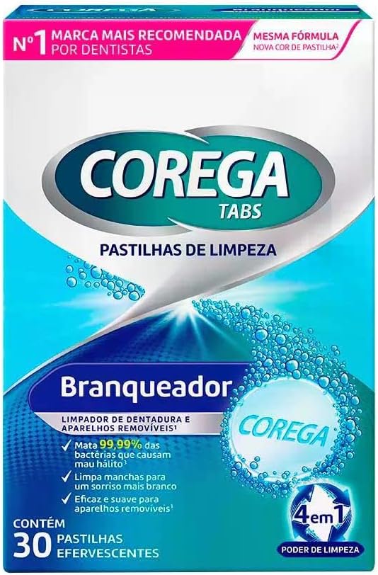 Corega Tabs Pastilhas Efervescentes Para Limpeza de Dentadura e Aparelhos Removíveis Efeito Branqueador 30 unidades
