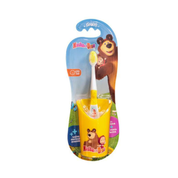 Escova Dental Infantil Macia + Copo Masha e o Urso Green