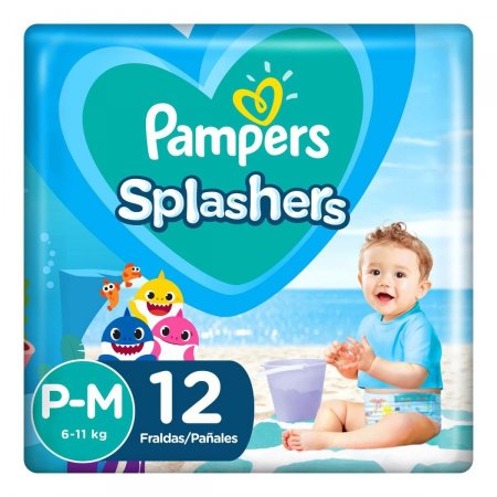 Fralda Pampers Praia e Piscina Splashers Baby Shark P/M 12 unidades