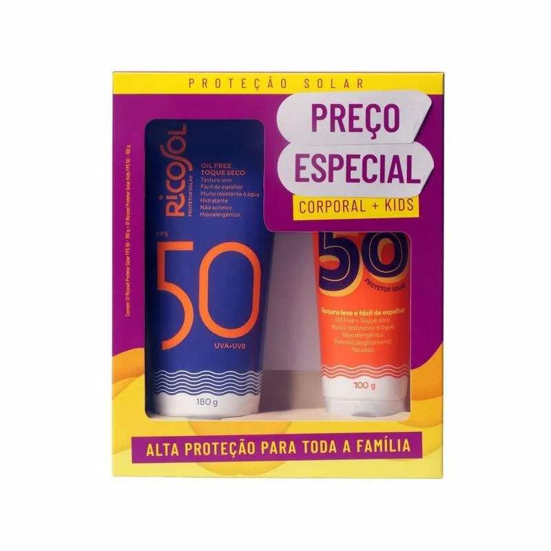 Kit Ricosol Protetor Solar FPS50 Toque Seco 180g + FPS50 Kids 100g