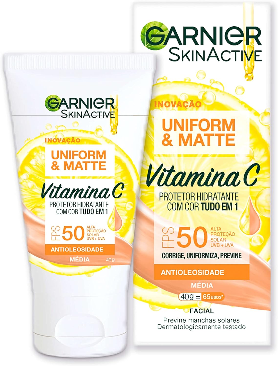 Protetor Solar Hidratante Facial Garnier Uniform & Matte Vitamina C FPS50 Cor Média 40g