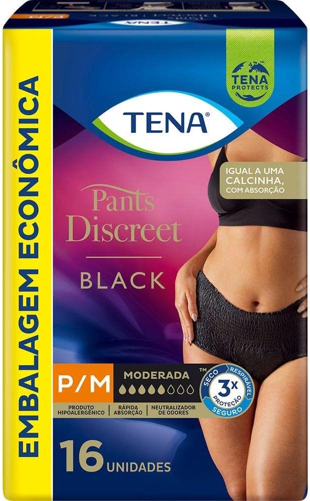 Roupa Íntima Descartável Tena Pants Discreet Feminino P/M Preta Absorção Moderada 16 unidades