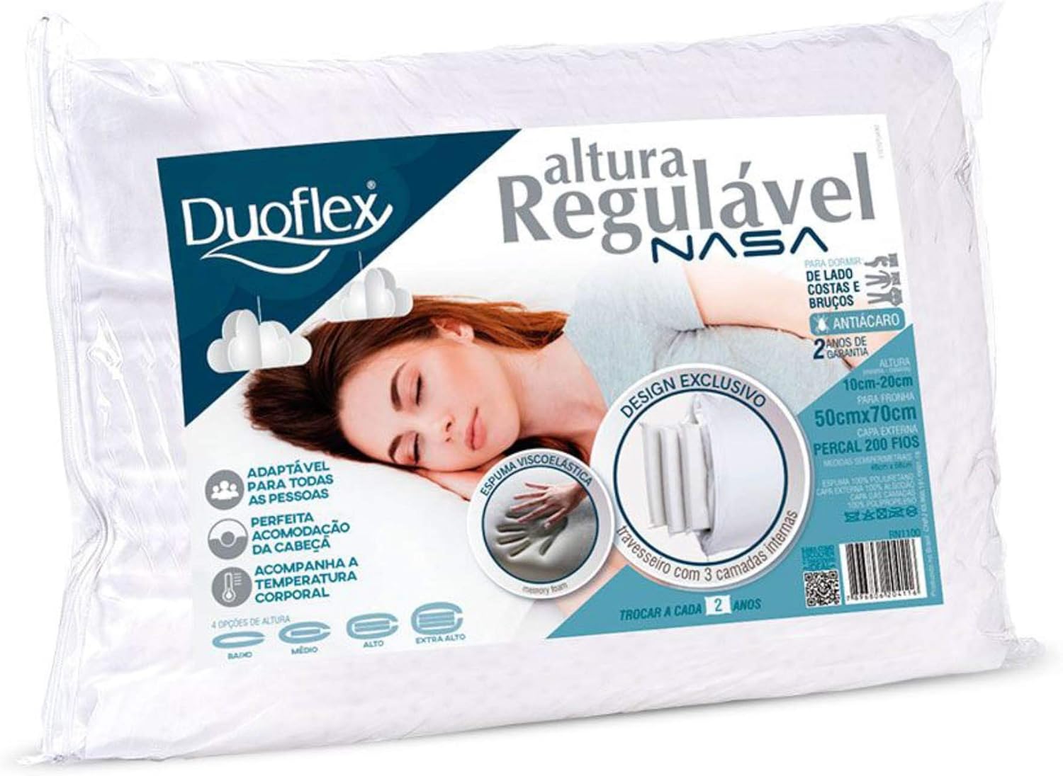 Travesseiro Duoflex Altura Regulável Nasa 100% Algodão Branco 50cmx70cm